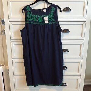 NWT J. Crew Navy Blue Sheath Dress with Green Embroidery L